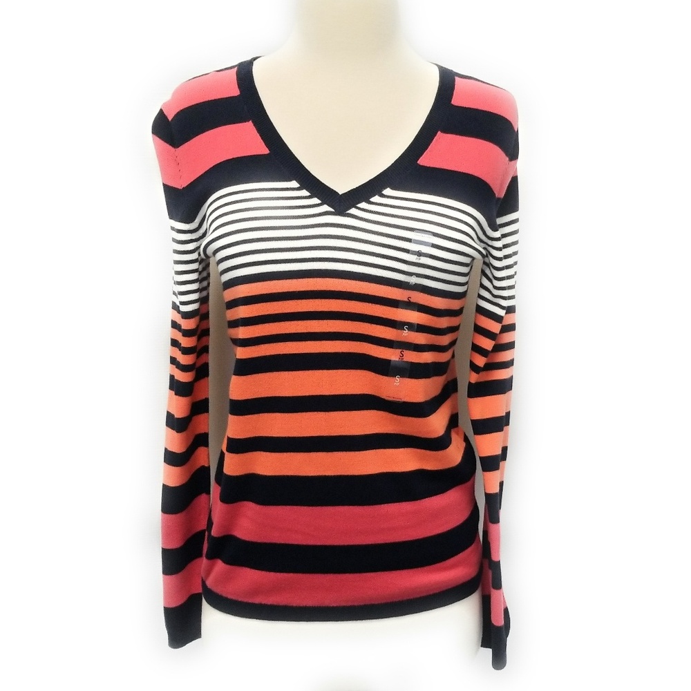 NWT Tommy Hilfiger Striped V-Neck Sweater Women’s Size S Old Money Preppy Luxury